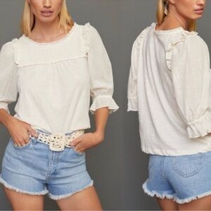 Anthropologie Cream Keri Smocked Ruffle 3/4 Sleeve Cotton Top Small